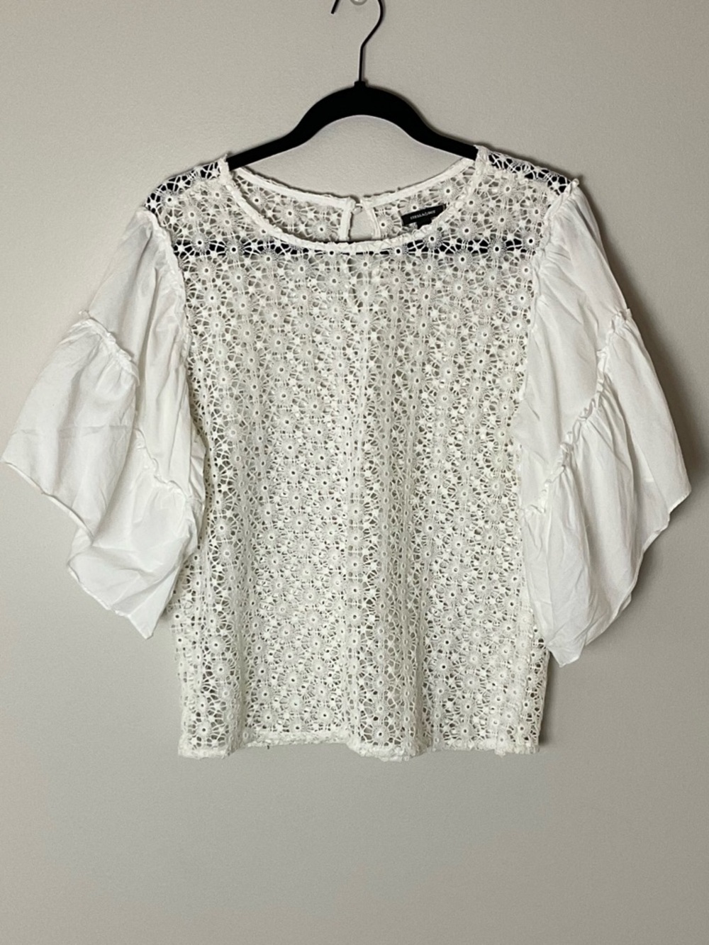 Stella & Dot White Gertie Top Lace Front Tiered Sleeve Boho Romantic Crochet L